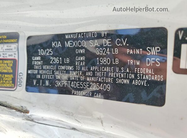3KPFT4DE5SE225409 2025 KIA K4 White VIN sticker view