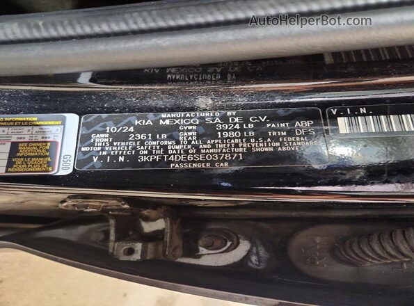 3KPFT4DE6SE037871 2025 KIA K4 Black VIN კოდის სტიკერის ხედი
