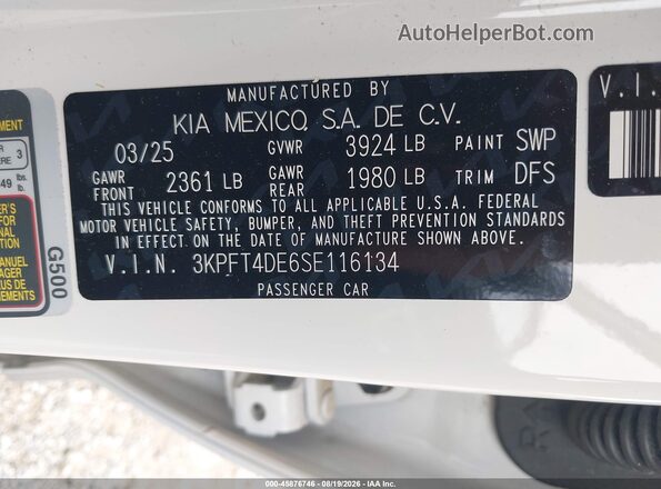 3KPFT4DE6SE116134 2025 KIA K4 Белый Вид подкапотного пространства