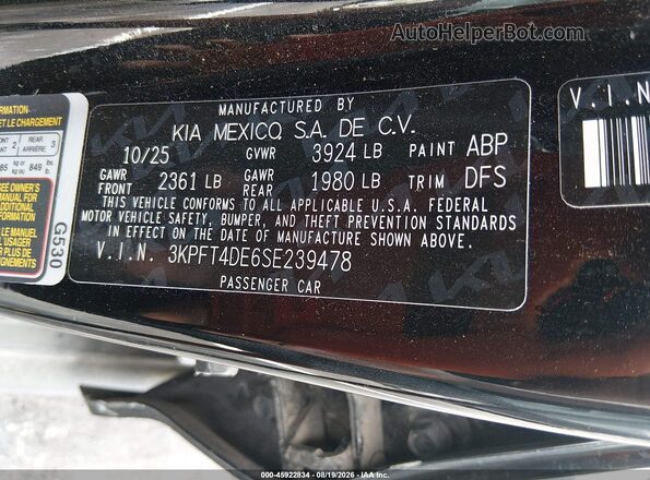 3KPFT4DE6SE239478 2025 KIA K4 Black ძრავის განყოფილების ხედი