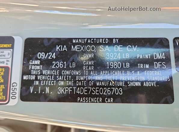 3KPFT4DE7SE026703 2025 KIA K4 Gray Widok naklejki z numerem VIN