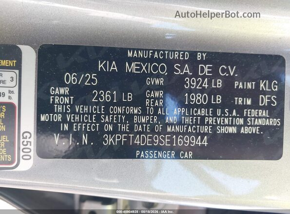 3KPFT4DE9SE169944 2025 KIA K4 Gray Widok komory silnika