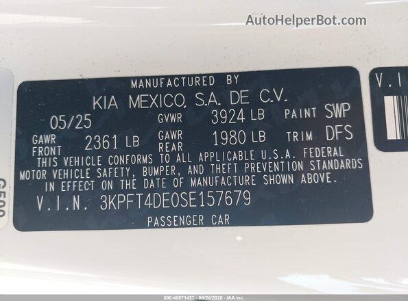 3KPFT4DE0SE157679 2025 KIA K4 White Вид підкапотного простору