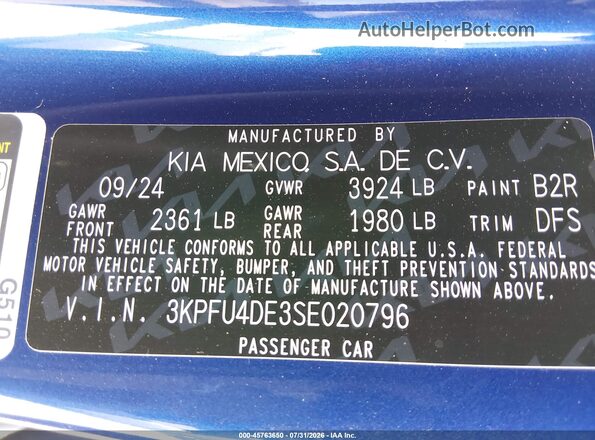 3KPFU4DE3SE020796 2025 KIA K4 Blue Շարժիչի բաժամունքի տեսք