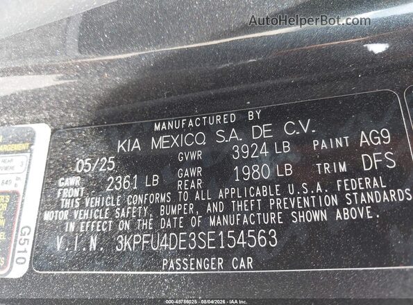 3KPFU4DE3SE154563 2025 KIA K4 Gray Շարժիչի բաժամունքի տեսք