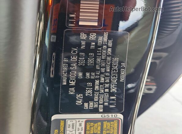 3KPFU4DE3TE343036 2026 KIA K4 Charcoal VIN sticker view