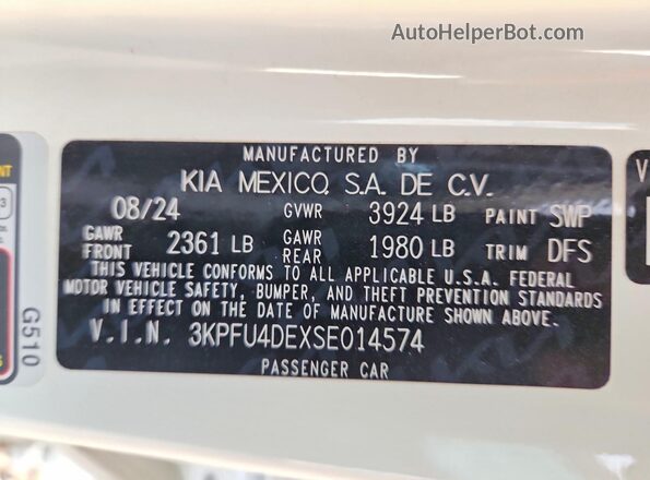 3KPFU4DEXSE014574 2025 KIA K4 White Вид наклейки з VIN-кодом