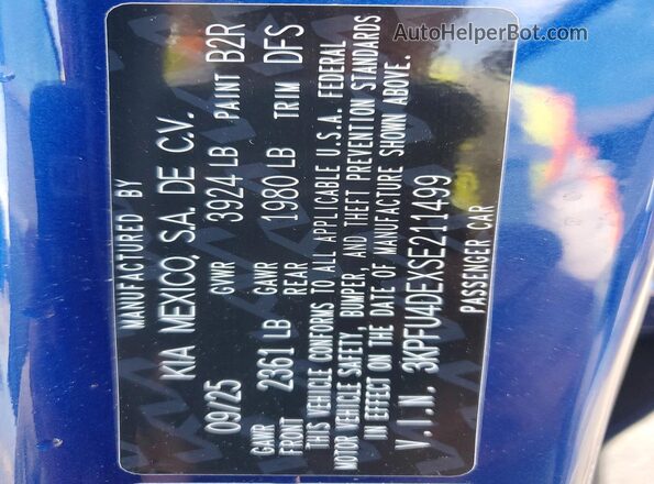 3KPFU4DEXSE211499 2025 KIA K4 Blue VIN sticker view