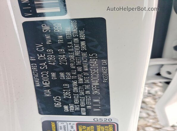 3KPFW4DC2SE164915 2025 KIA K4 White Vista de la etiqueta del VIN