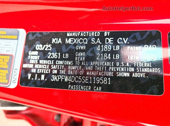3KPFW4DC5SE119581 2025 KIA K4 Red Вид підкапотного простору