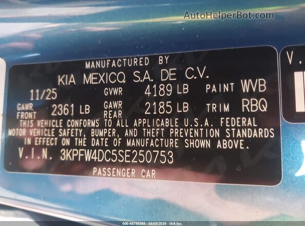 3KPFW4DC5SE250753 2025 KIA K4 Blue Engine compartment view