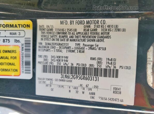 3LN6L2G95GR603131 2016 LINCOLN MKZ Black Engine compartment view
