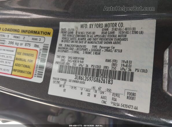 3LN6L2G97GR626183 2016 LINCOLN MKZ Gray Widok komory silnika