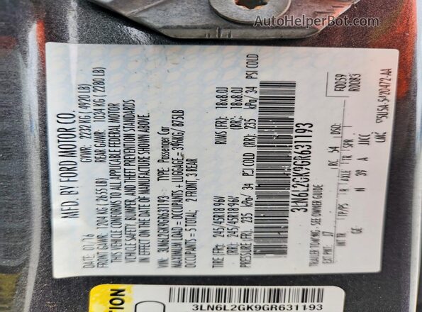 3LN6L2GK9GR631193 2016 LINCOLN MKZ Gray Вид наклейки з VIN-кодом
