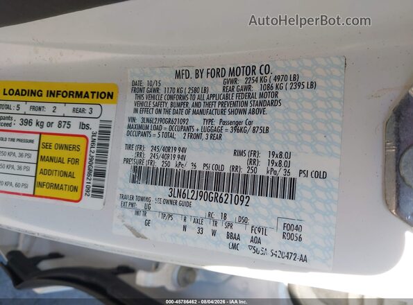 3LN6L2J90GR621092 2016 LINCOLN MKZ White Engine compartment view