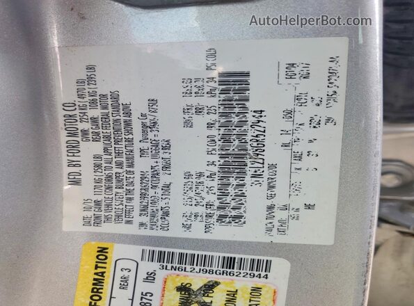 3LN6L2J98GR622944 2016 LINCOLN MKZ Silver Vista del compartimento del motor