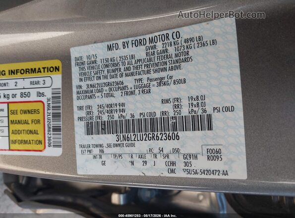 3LN6L2LU2GR623606 2016 LINCOLN MKZ HYBRID Gray Vista del compartimento del motor