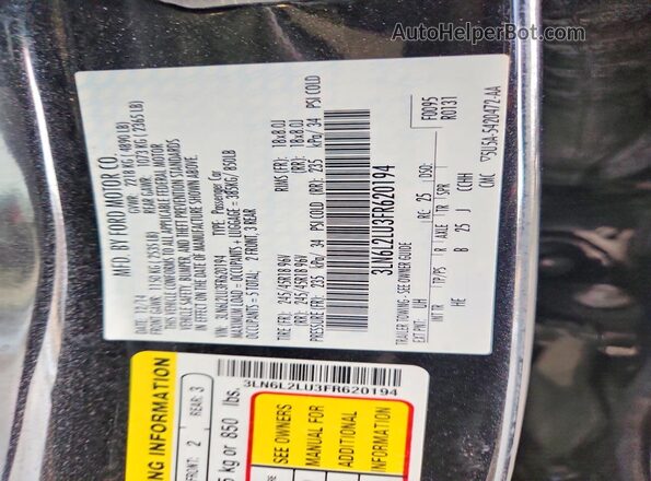 3LN6L2LU3FR620194 2020 LINCOLN MKZ Black Widok naklejki z numerem VIN