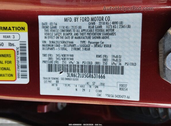 3LN6L2LU5GR631666 2016 LINCOLN MKZ HYBRID Burgundy Vista del compartimento del motor