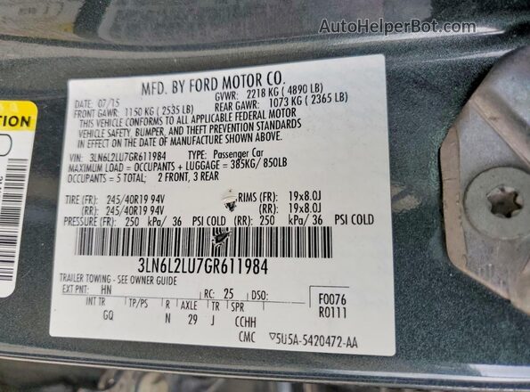 3LN6L2LU7GR611984 2016 LINCOLN MKZ Green Շարժիչի բաժամունքի տեսք