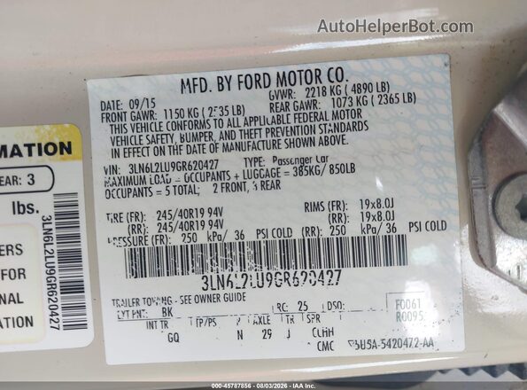 3LN6L2LU9GR620427 2016 LINCOLN MKZ HYBRID Cream Շարժիչի բաժամունքի տեսք