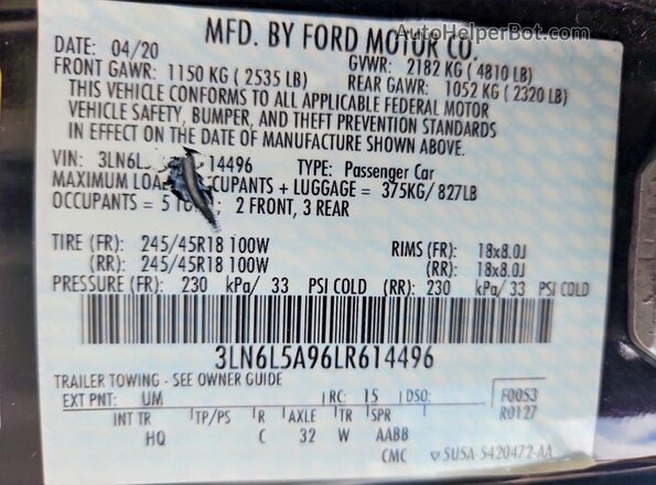 3LN6L5A96LR614496 2020 LINCOLN MKZ Black Widok komory silnika