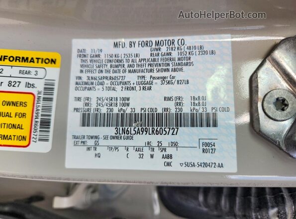 3LN6L5A99LR605727 2020 LINCOLN MKZ Beige ძრავის განყოფილების ხედი