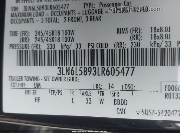 3LN6L5B93LR605477 2020 LINCOLN MKZ Black Engine compartment view