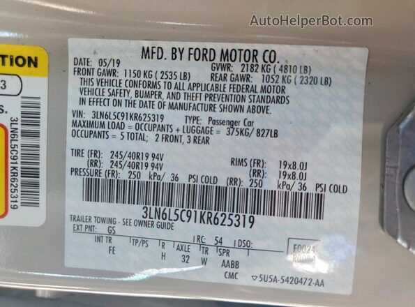 3LN6L5C91KR625319 2019 LINCOLN MKZ Beige Widok komory silnika