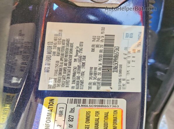 3LN6L5C99HR657363 2017 LINCOLN MKZ Blue Vista de la etiqueta del VIN
