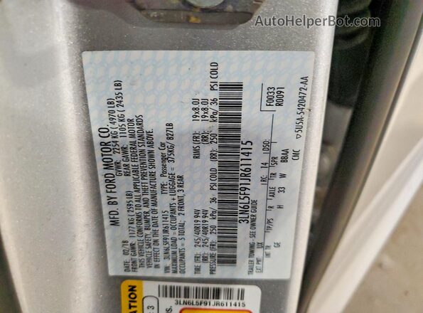 3LN6L5F91JR611415 2018 LINCOLN MKZ Silver Widok naklejki z numerem VIN