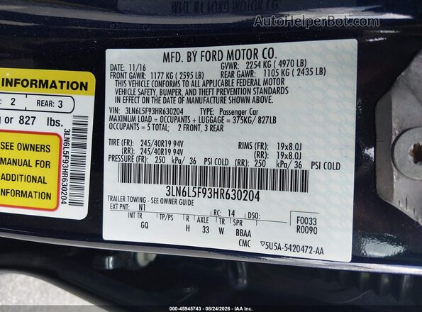 3LN6L5F93HR630204 2017 LINCOLN MKZ Dark Blue Engine compartment view