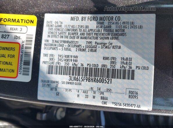 3LN6L5F98HR600521 2017 LINCOLN MKZ Gray Вид підкапотного простору