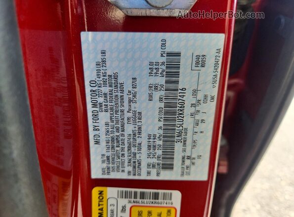 3LN6L5LU2KR607416 2019 LINCOLN MKZ Red VIN sticker view