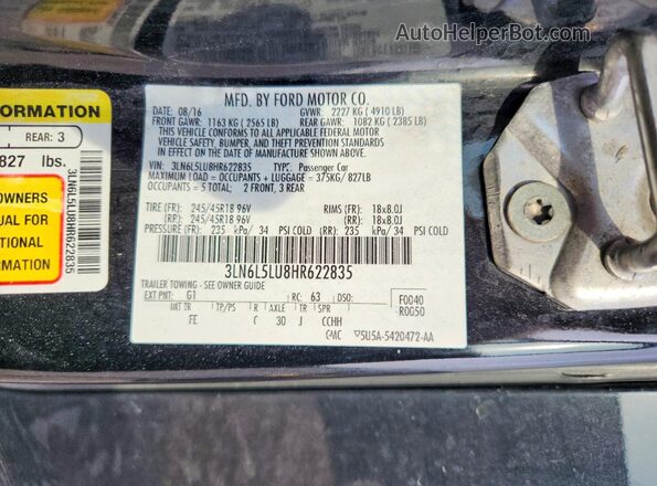 3LN6L5LU8HR622835 2017 LINCOLN MKZ Black Widok komory silnika