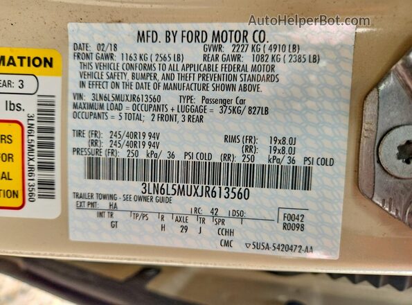 3LN6L5MUXJR613560 2018 LINCOLN MKZ Beige ძრავის განყოფილების ხედი