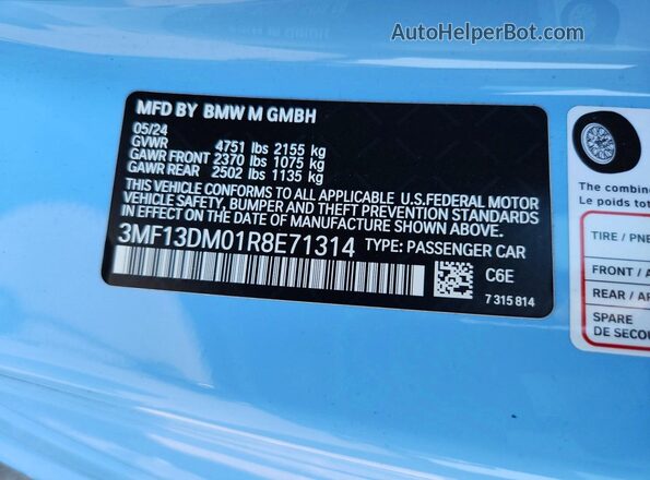 3MF13DM01R8E71314 2024 BMW M2 Blue Vista de la etiqueta del VIN