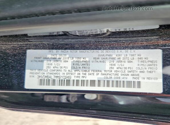 3MVDMBAL7MM210249 2021 MAZDA CX-30 Black Vista de la etiqueta del VIN