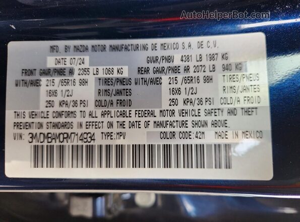 3MVDMBAM0RM714934 2024 MAZDA CX-30 Blue VIN კოდის სტიკერის ხედი