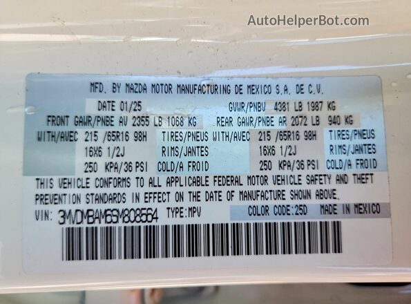 3MVDMBAM6SM808564 2025 MAZDA CX-30 White VIN sticker view