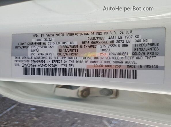 3MVDMBBL9NM428046 2022 MAZDA CX-30 White Widok komory silnika
