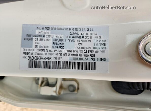 3MVDMBBM7PM543868 2023 MAZDA CX-30 White VIN კოდის სტიკერის ხედი