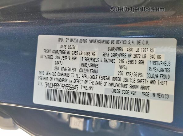 3MVDMBBM7RM669943 2024 MAZDA CX-30 Blue Vista de la etiqueta del VIN