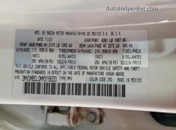 3MVDMBCL0MM315633 2021 MAZDA CX-30 White Vista de la etiqueta del VIN
