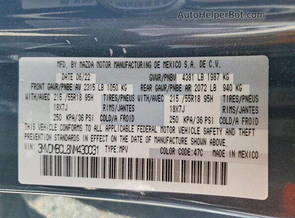 3MVDMBCL8NM430031 2022 MAZDA CX-30 Gray VIN კოდის სტიკერის ხედი