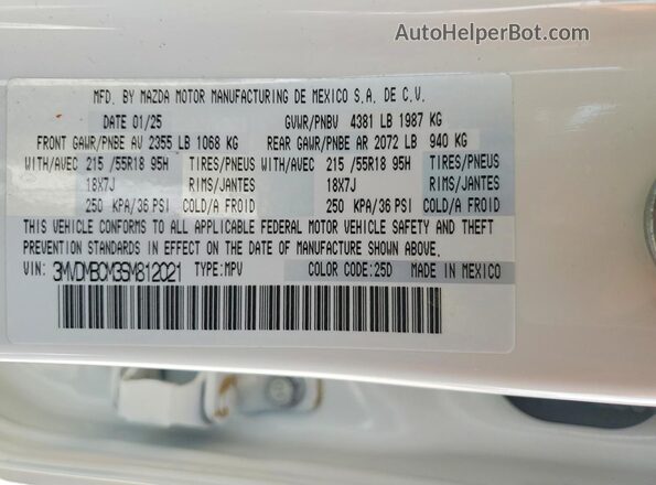 3MVDMBCM3SM812021 2025 MAZDA CX-30 White Vista de la etiqueta del VIN