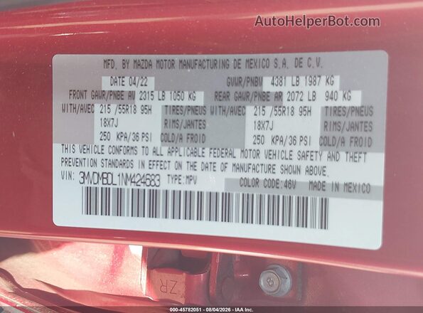 3MVDMBDL1NM424683 2022 MAZDA CX-30 Red Շարժիչի բաժամունքի տեսք