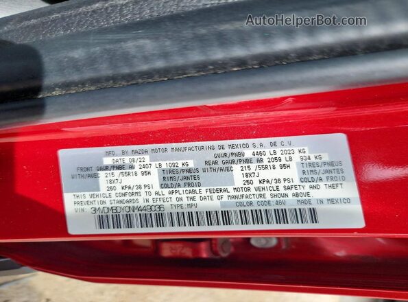 3MVDMBDY0NM449036 2022 MAZDA CX-30 Burgundy Вид наклейки з VIN-кодом