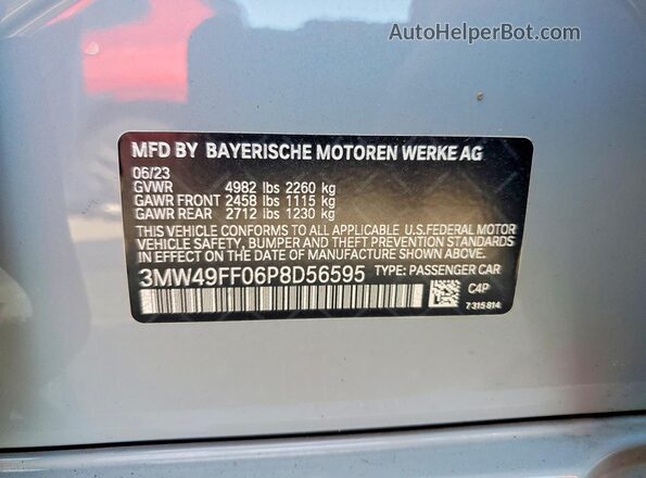 3MW49FF06P8D56595 2023 BMW M3 Серебряный Вид наклейки с VIN-кодом