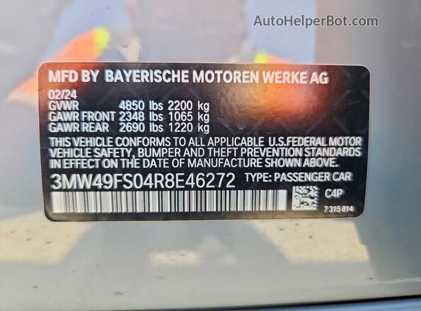 3MW49FS04R8E46272 2024 BMW M3 Gray Вид підкапотного простору